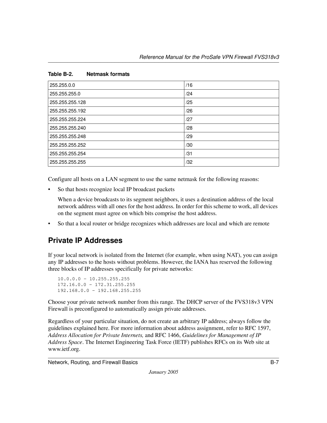 NETGEAR FVS318v3 manual Private IP Addresses, Table B-2 Netmask formats 