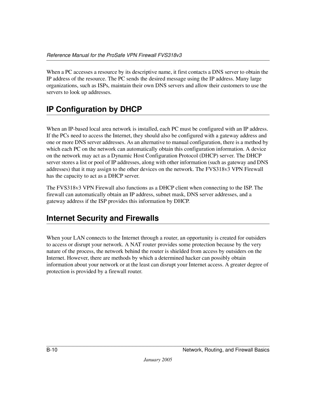 NETGEAR FVS318v3 manual IP Configuration by Dhcp, Internet Security and Firewalls 