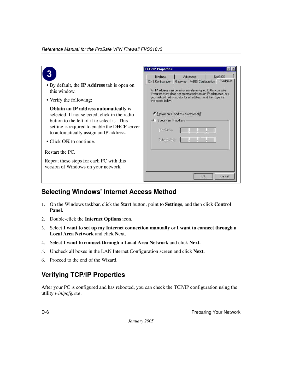 NETGEAR FVS318v3 manual Selecting Windows’ Internet Access Method, Verifying TCP/IP Properties 