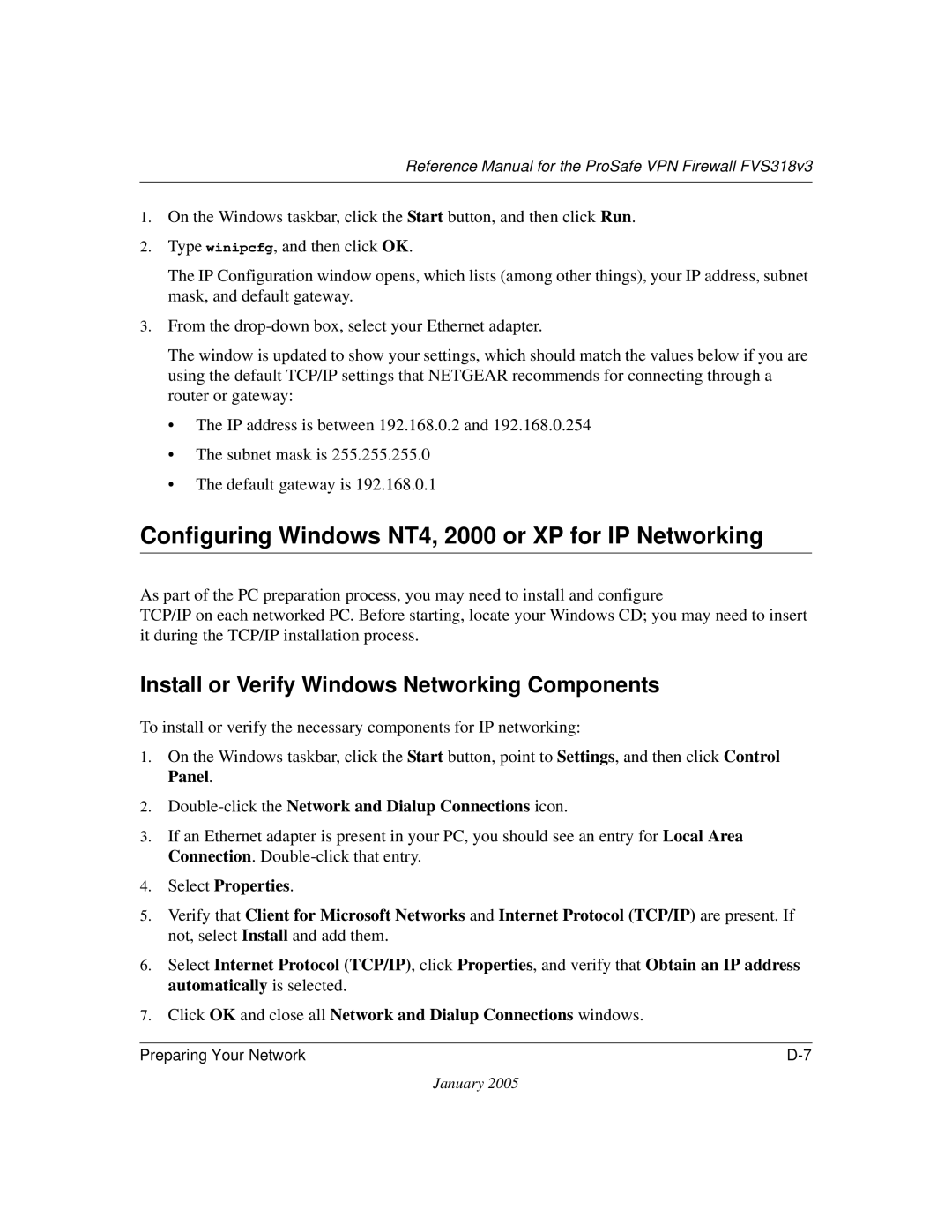 NETGEAR FVS318v3 manual Configuring Windows NT4, 2000 or XP for IP Networking 