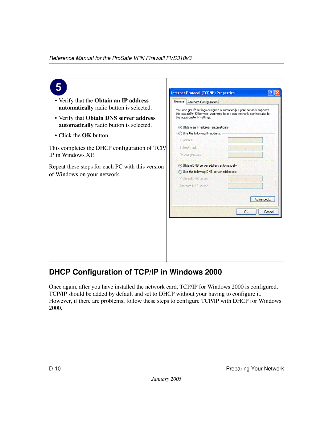 NETGEAR FVS318v3 manual Dhcp Configuration of TCP/IP in Windows 