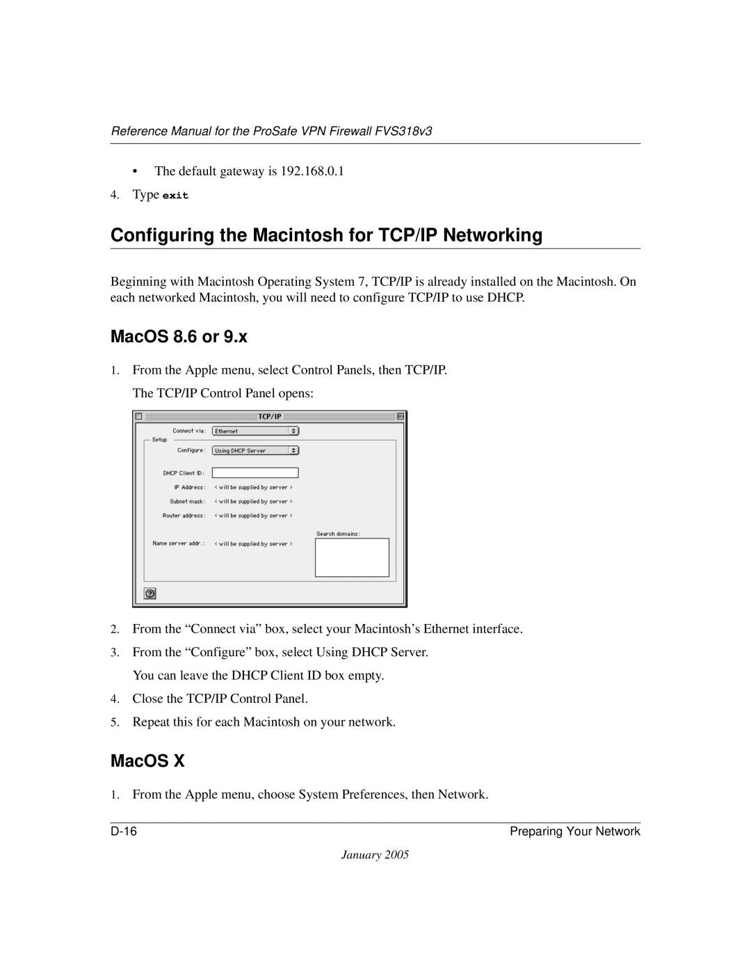 NETGEAR FVS318v3 manual Configuring the Macintosh for TCP/IP Networking, MacOS 8.6 or 