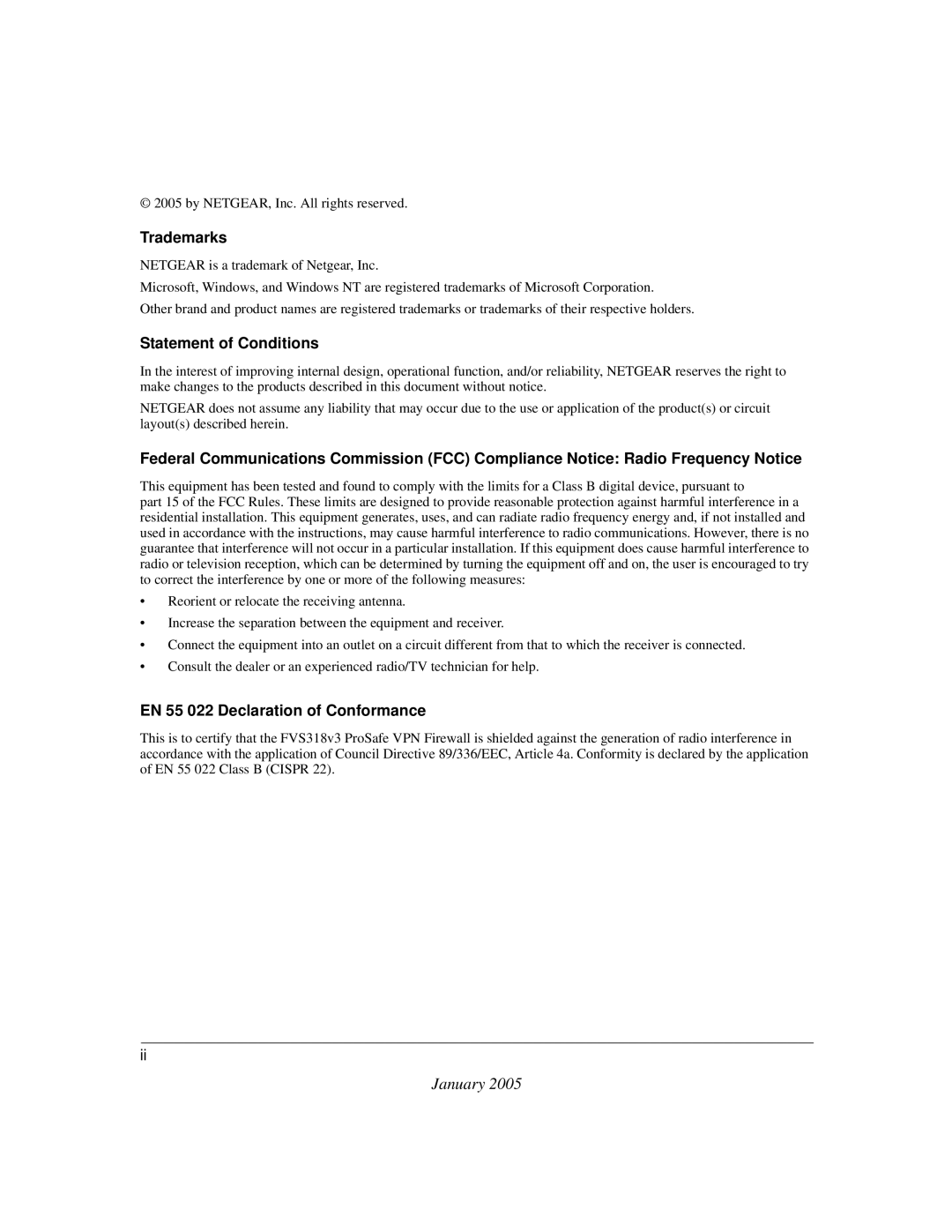 NETGEAR FVS318v3 manual Trademarks, Statement of Conditions, EN 55 022 Declaration of Conformance 