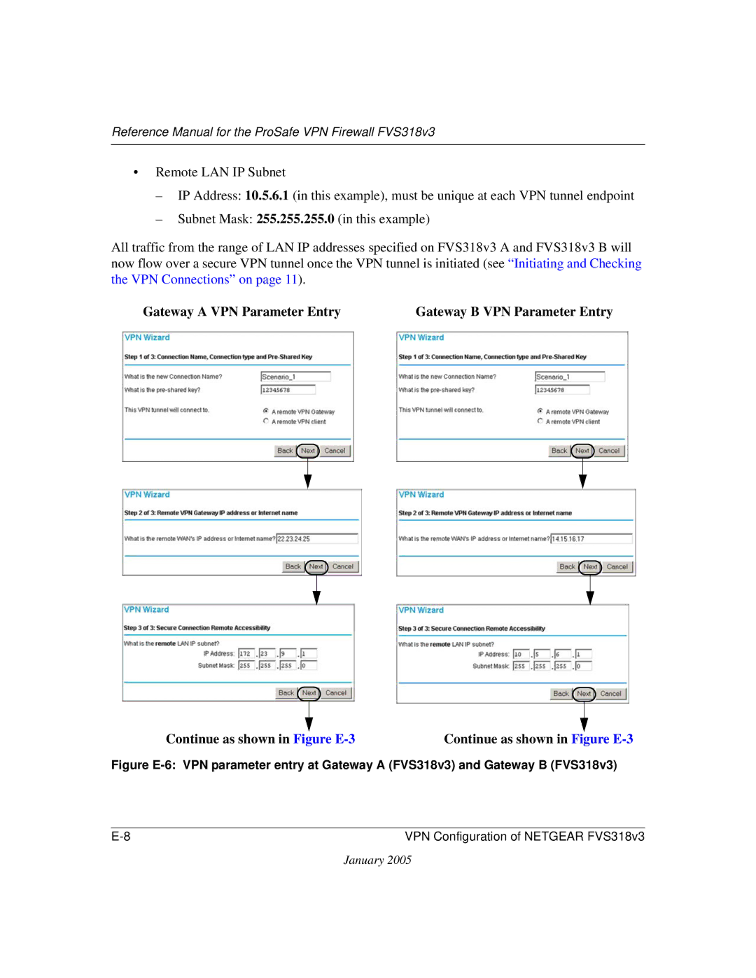 NETGEAR FVS318v3 manual Gateway a VPN Parameter Entry, Continue as shown in Figure E-3 