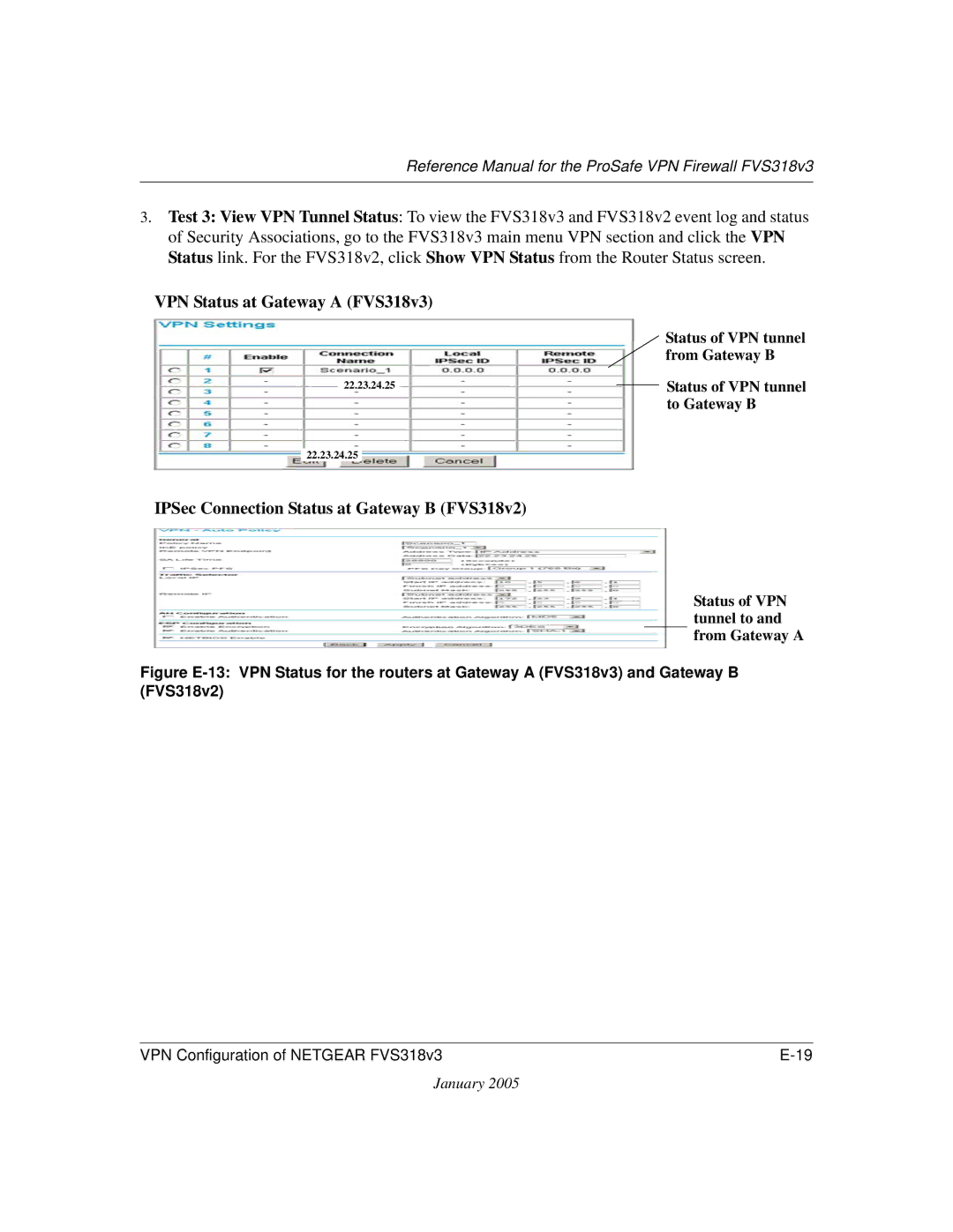 NETGEAR FVS318v3 manual IPSec Connection Status at Gateway B FVS318v2, Status of VPN tunnel to and from Gateway a 