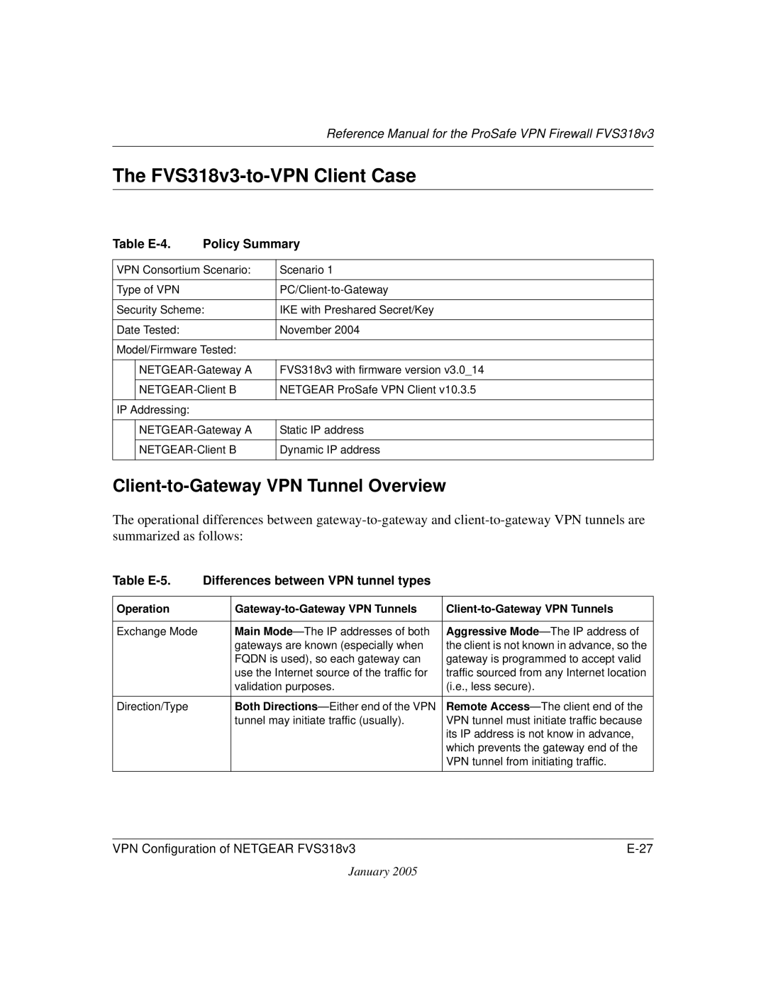 NETGEAR manual FVS318v3-to-VPN Client Case, Client-to-Gateway VPN Tunnel Overview, Table E-4 Policy Summary 