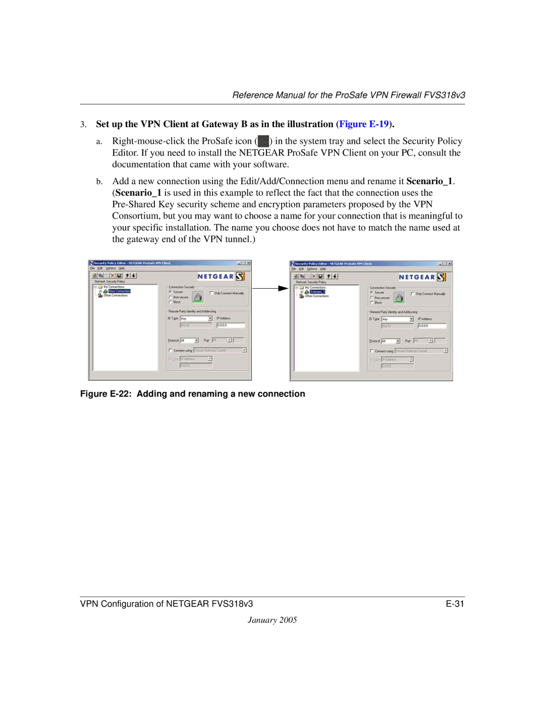 NETGEAR FVS318v3 manual Figure E-22 Adding and renaming a new connection 