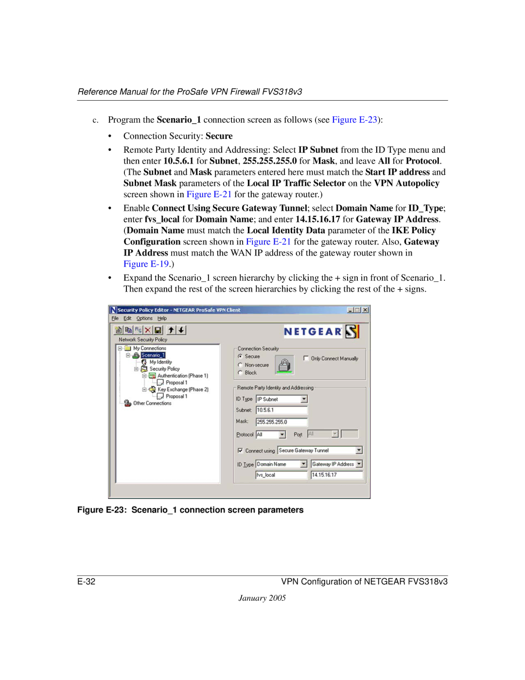 NETGEAR FVS318v3 manual Figure E-23 Scenario1 connection screen parameters 