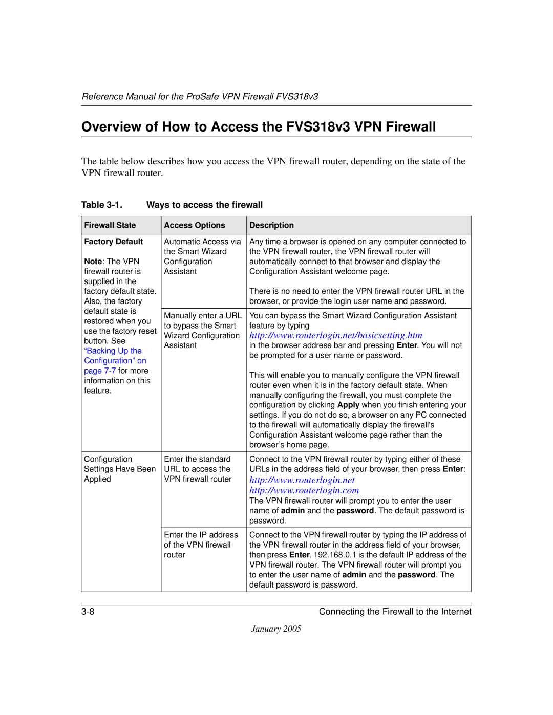 NETGEAR manual Overview of How to Access the FVS318v3 VPN Firewall, Ways to access the firewall 