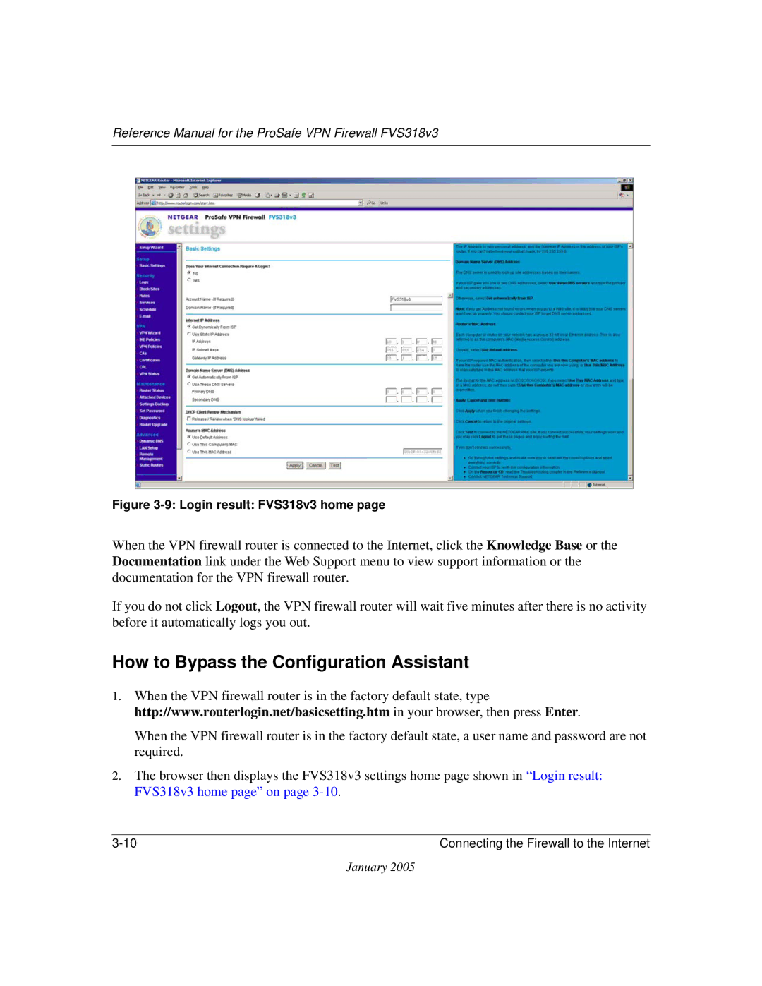 NETGEAR manual How to Bypass the Configuration Assistant, Login result FVS318v3 home 