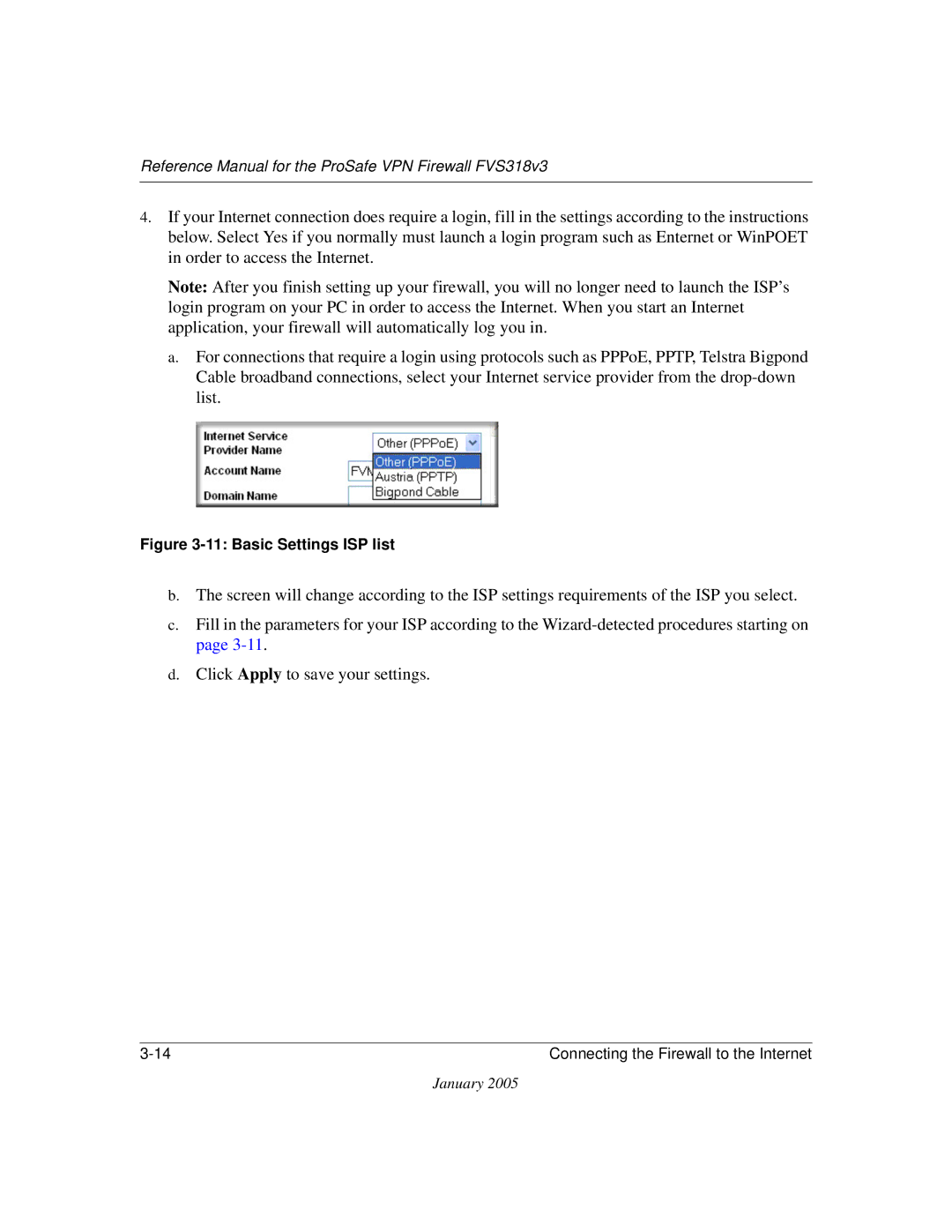 NETGEAR FVS318v3 manual Basic Settings ISP list 