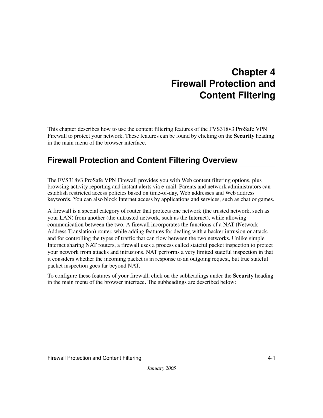 NETGEAR FVS318v3 manual Chapter Firewall Protection Content Filtering, Firewall Protection and Content Filtering Overview 