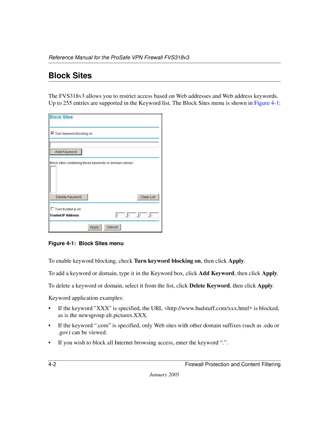 NETGEAR FVS318v3 manual Block Sites menu 