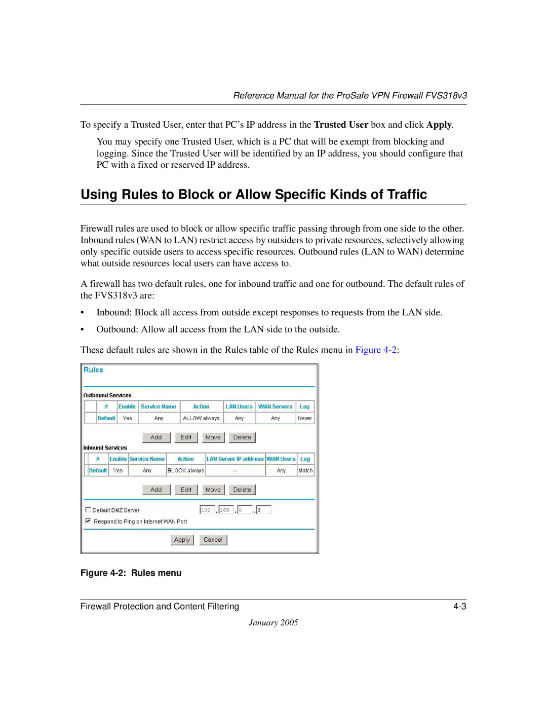 NETGEAR FVS318v3 manual Using Rules to Block or Allow Specific Kinds of Traffic, Rules menu 