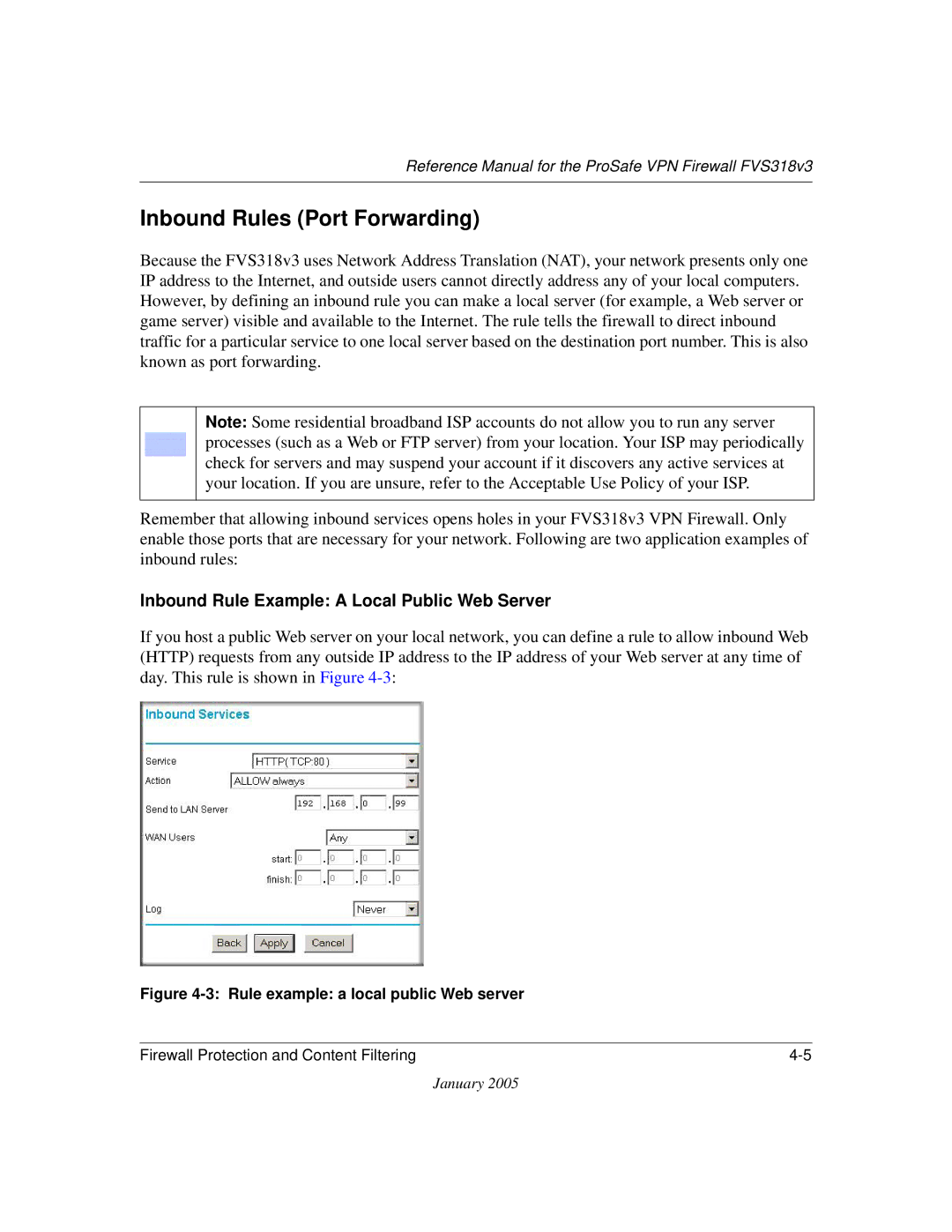 NETGEAR FVS318v3 manual Inbound Rules Port Forwarding, Inbound Rule Example a Local Public Web Server 