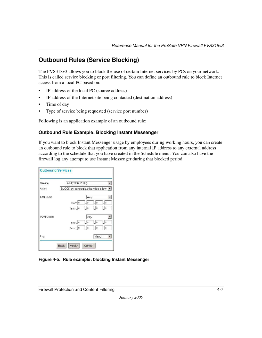 NETGEAR FVS318v3 manual Outbound Rules Service Blocking, Outbound Rule Example Blocking Instant Messenger 