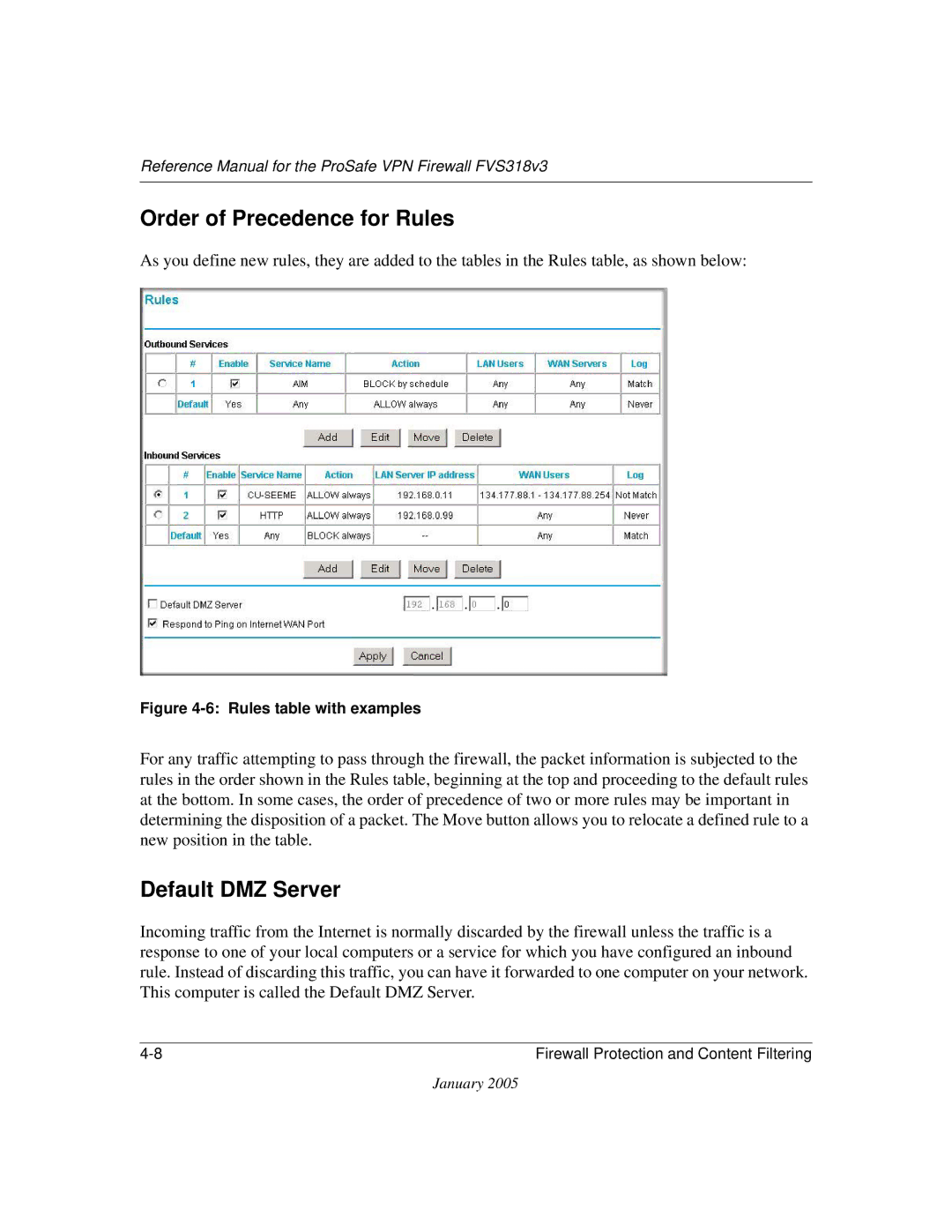 NETGEAR FVS318v3 manual Order of Precedence for Rules, Default DMZ Server 