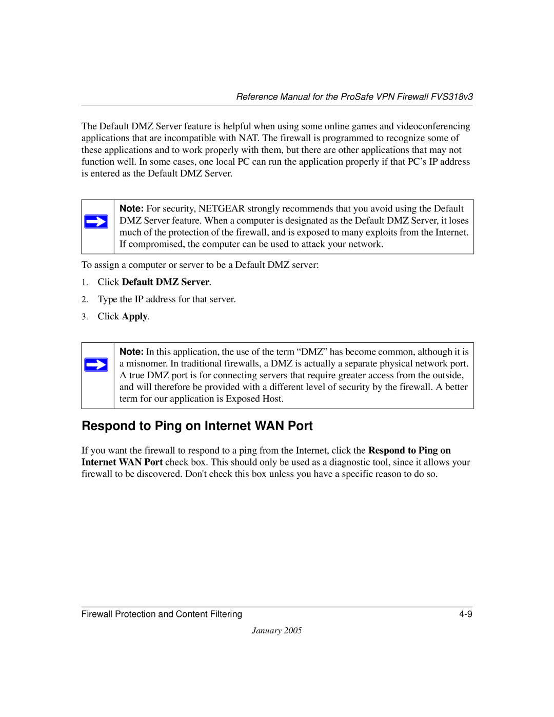 NETGEAR FVS318v3 manual Respond to Ping on Internet WAN Port, Click Default DMZ Server 