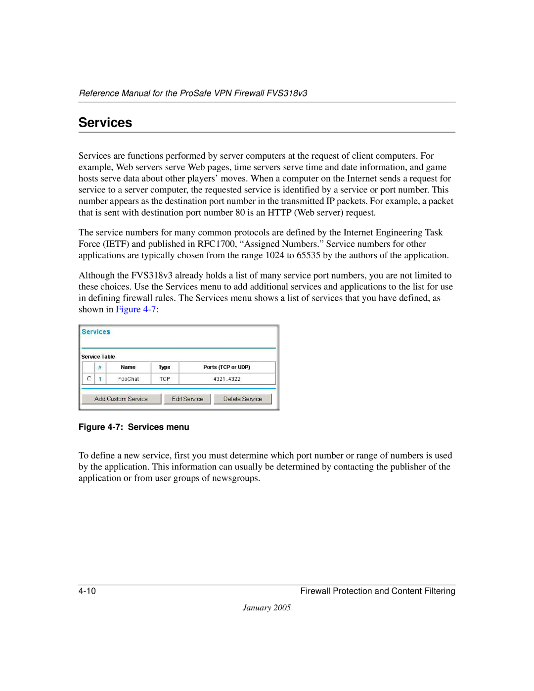 NETGEAR FVS318v3 manual Services menu 