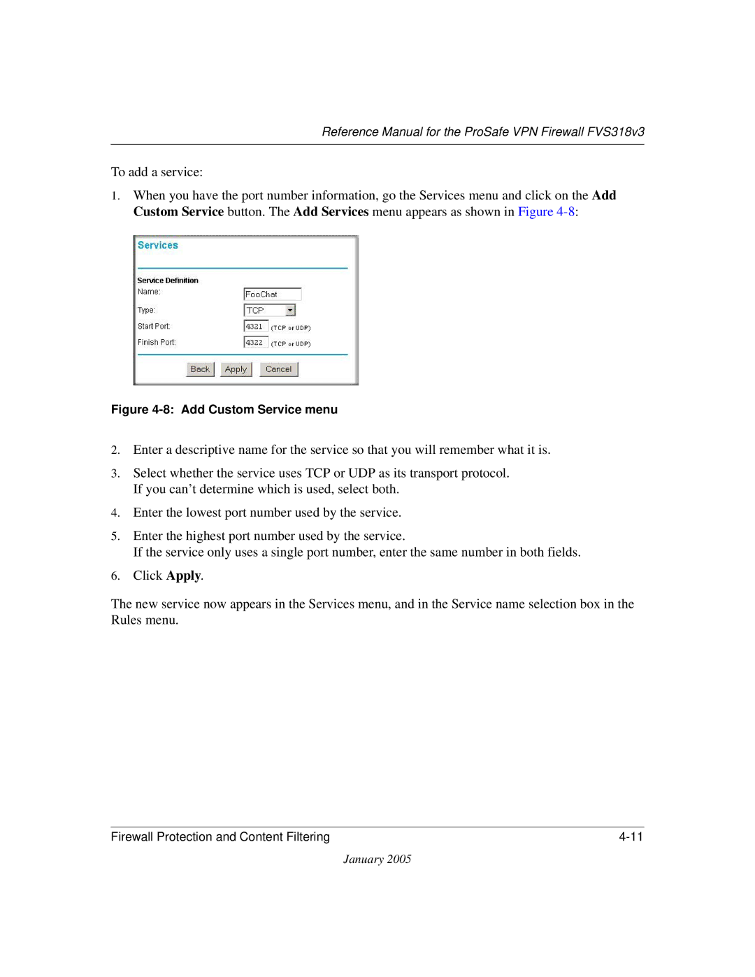 NETGEAR FVS318v3 manual Add Custom Service menu 