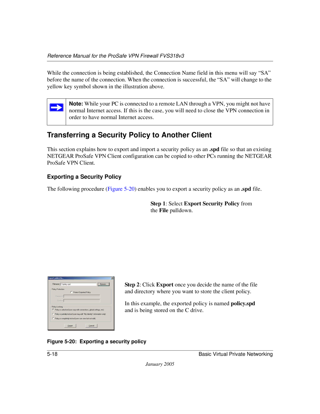 NETGEAR FVS318v3 manual Transferring a Security Policy to Another Client, Exporting a Security Policy 