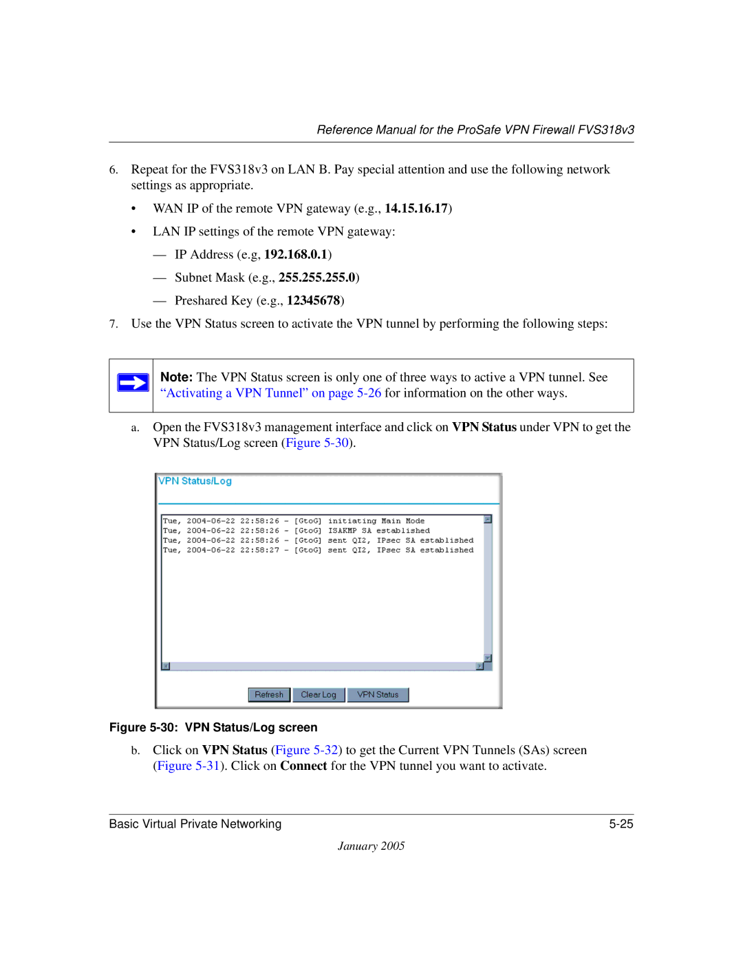 NETGEAR FVS318v3 manual VPN Status/Log screen 