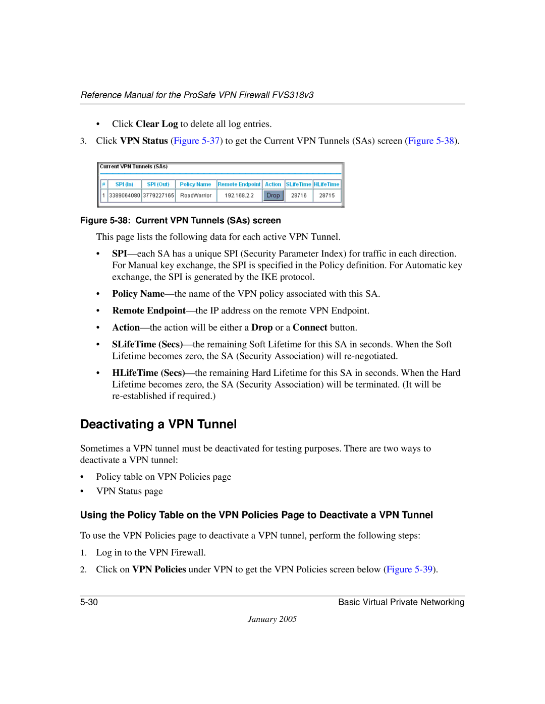 NETGEAR FVS318v3 manual Deactivating a VPN Tunnel, Current VPN Tunnels SAs screen 