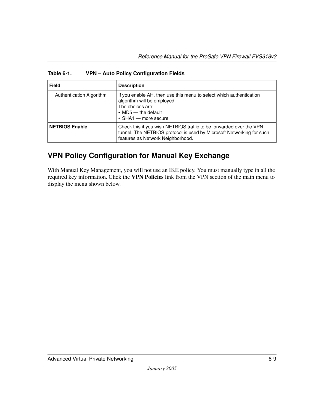 NETGEAR FVS318v3 manual VPN Policy Configuration for Manual Key Exchange, Netbios Enable 