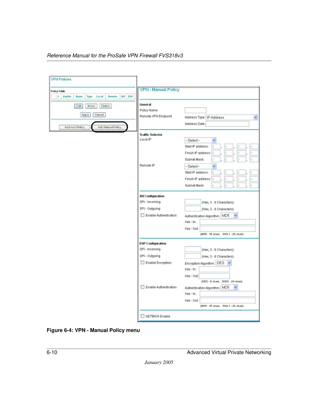 NETGEAR FVS318v3 manual VPN Manual Policy menu 