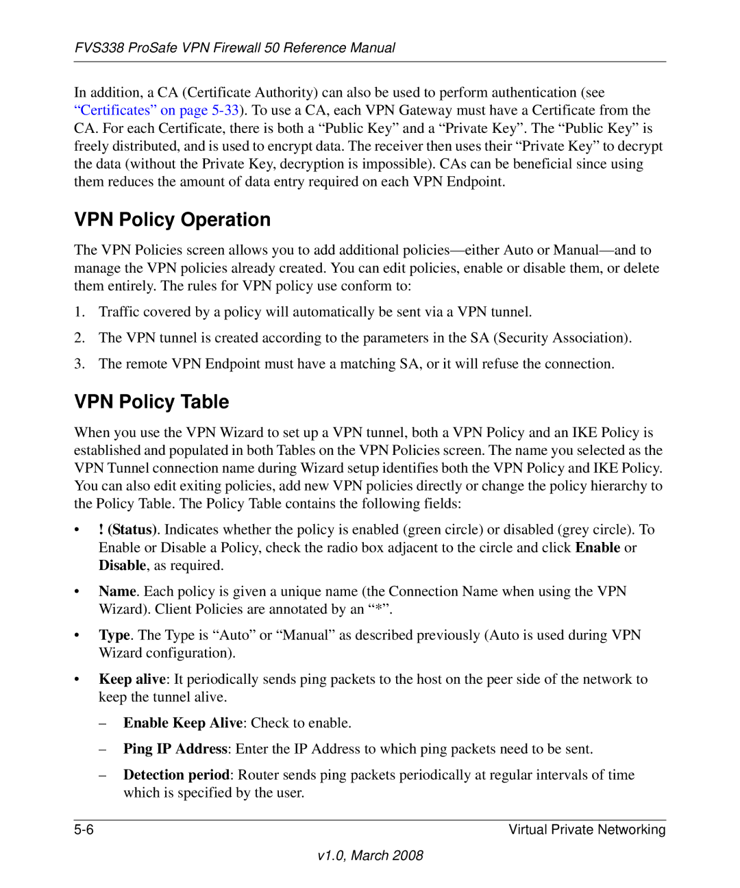 NETGEAR FVS338 manual VPN Policy Operation, VPN Policy Table 