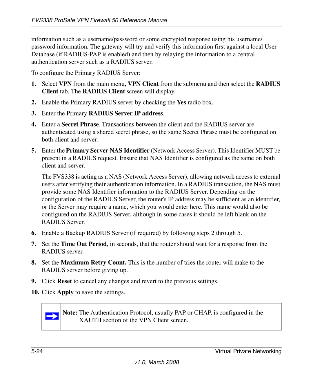 NETGEAR FVS338 manual Enter the Primary Radius Server IP address 