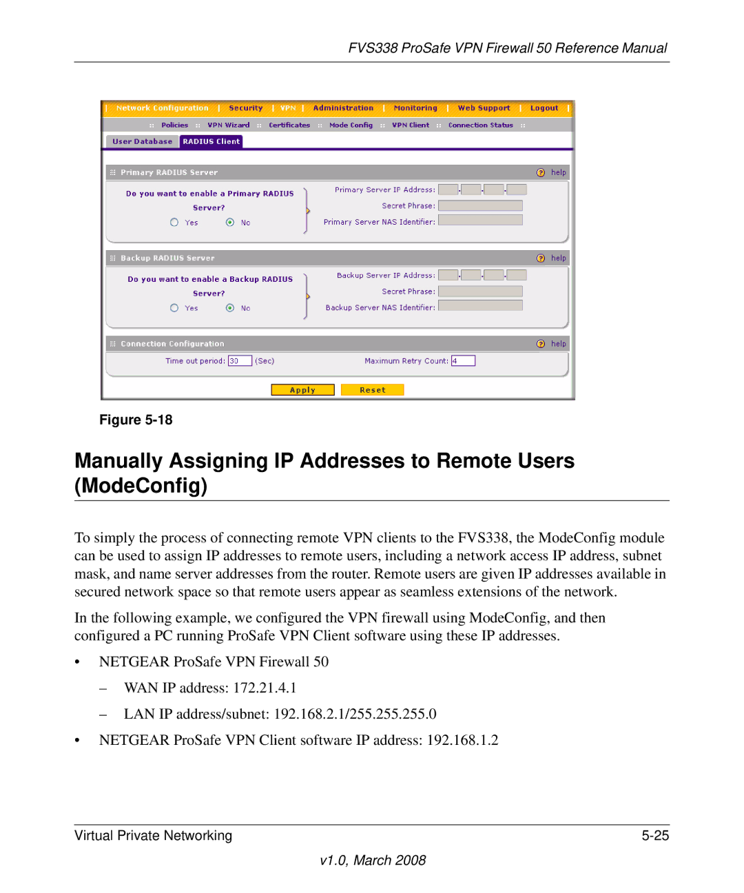 NETGEAR FVS338 manual Manually Assigning IP Addresses to Remote Users ModeConfig 