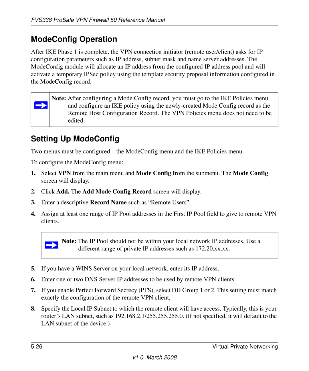 NETGEAR FVS338 manual ModeConfig Operation, Setting Up ModeConfig 