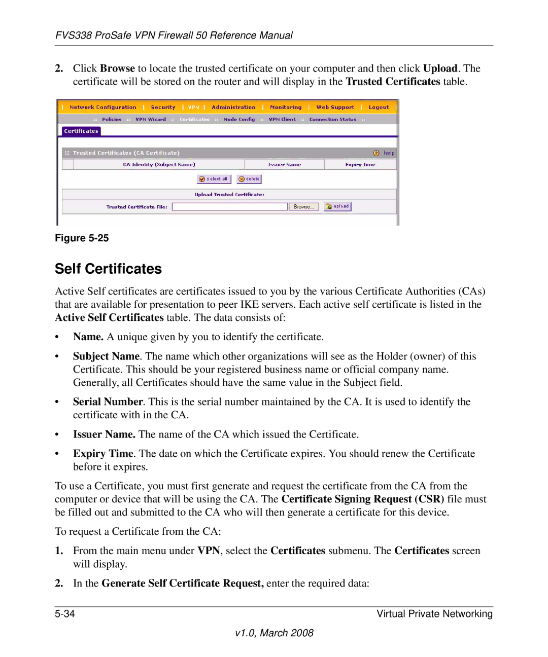 NETGEAR FVS338 manual Self Certificates, Generate Self Certificate Request, enter the required data 