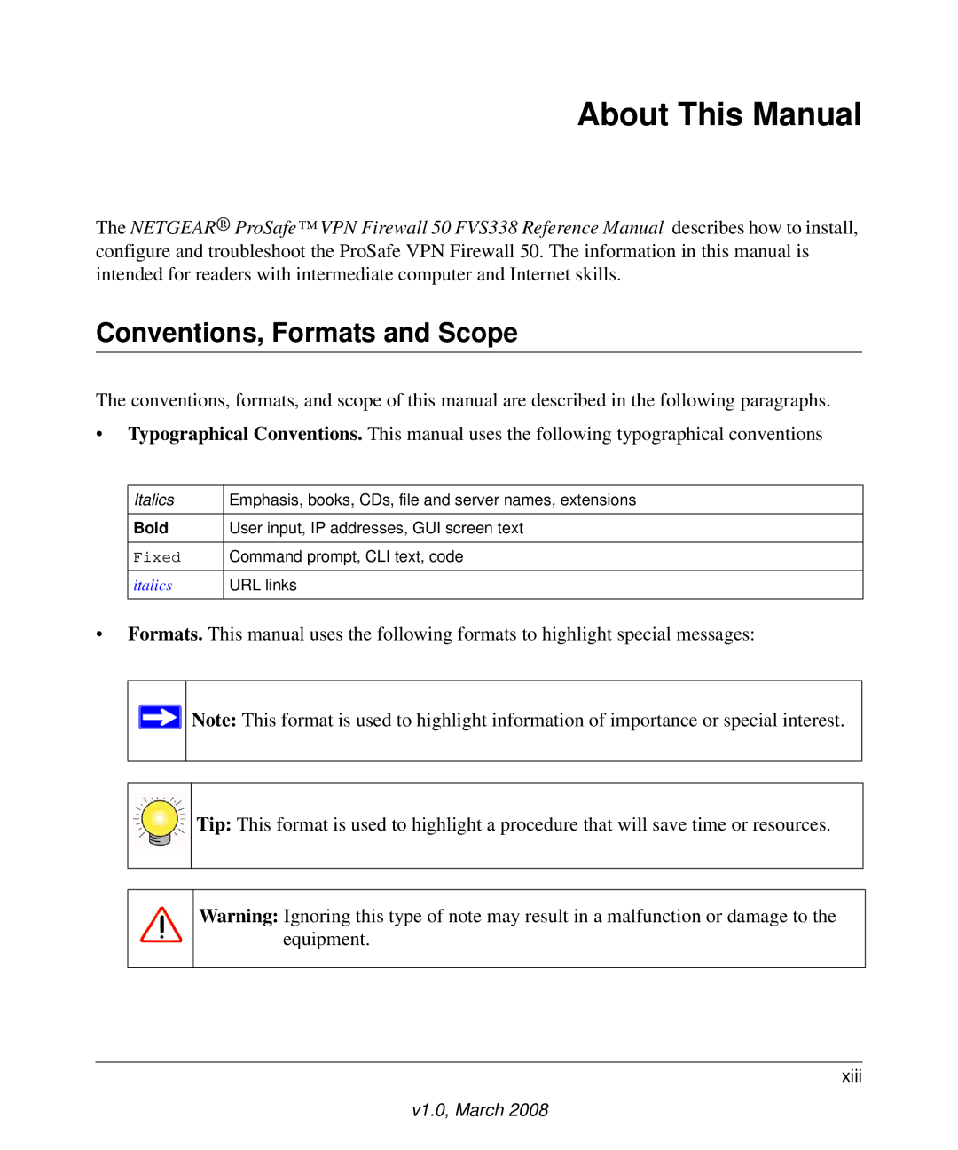 NETGEAR FVS338 manual About This Manual, Conventions, Formats and Scope 