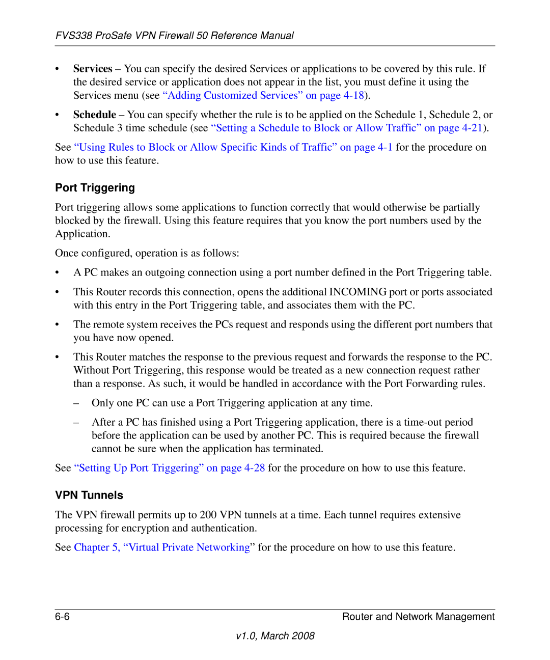 NETGEAR FVS338 manual Port Triggering, VPN Tunnels 