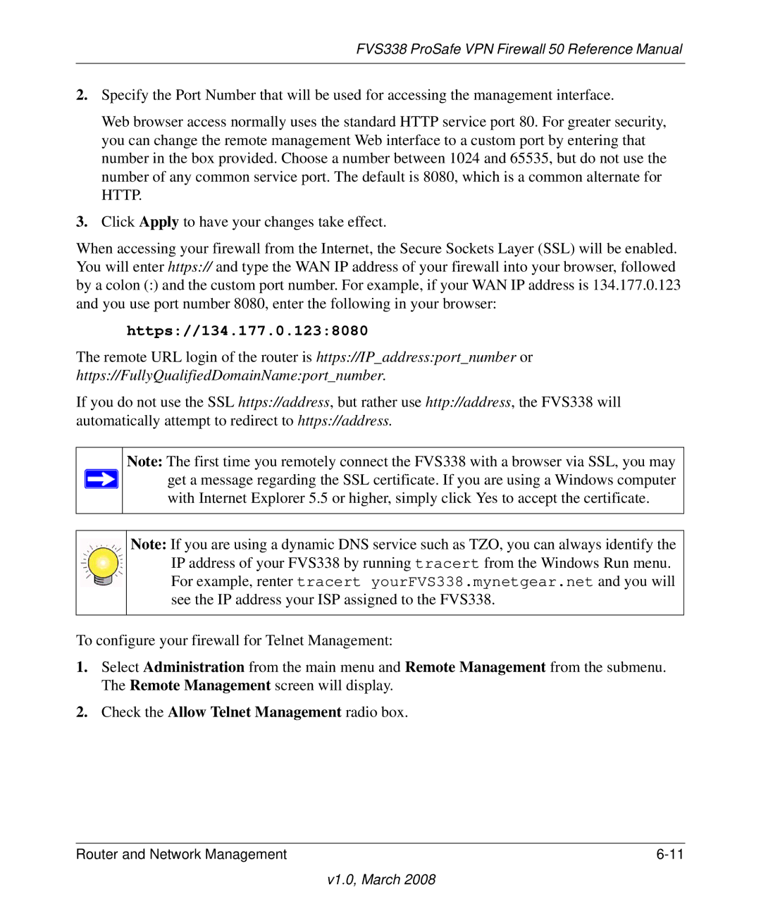 NETGEAR FVS338 manual Check the Allow Telnet Management radio box 