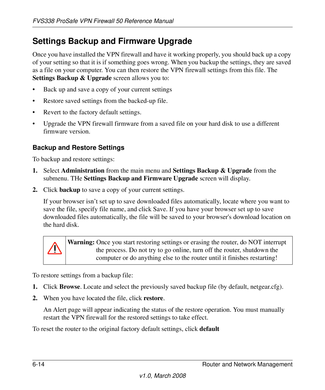 NETGEAR FVS338 manual Settings Backup and Firmware Upgrade, Backup and Restore Settings 