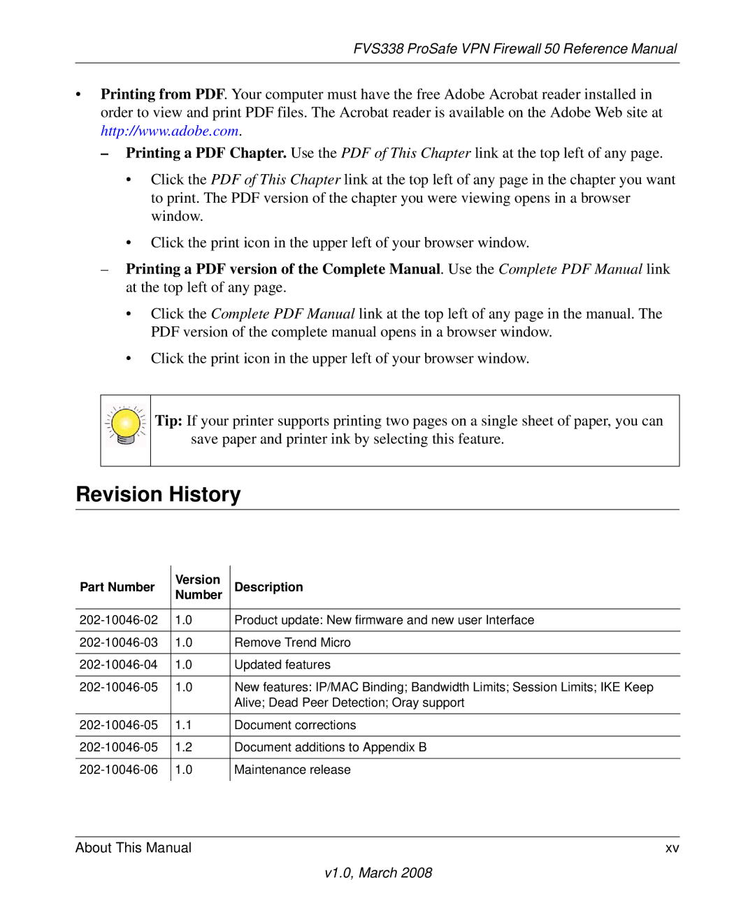 NETGEAR FVS338 manual Revision History, Part Number Version Description 