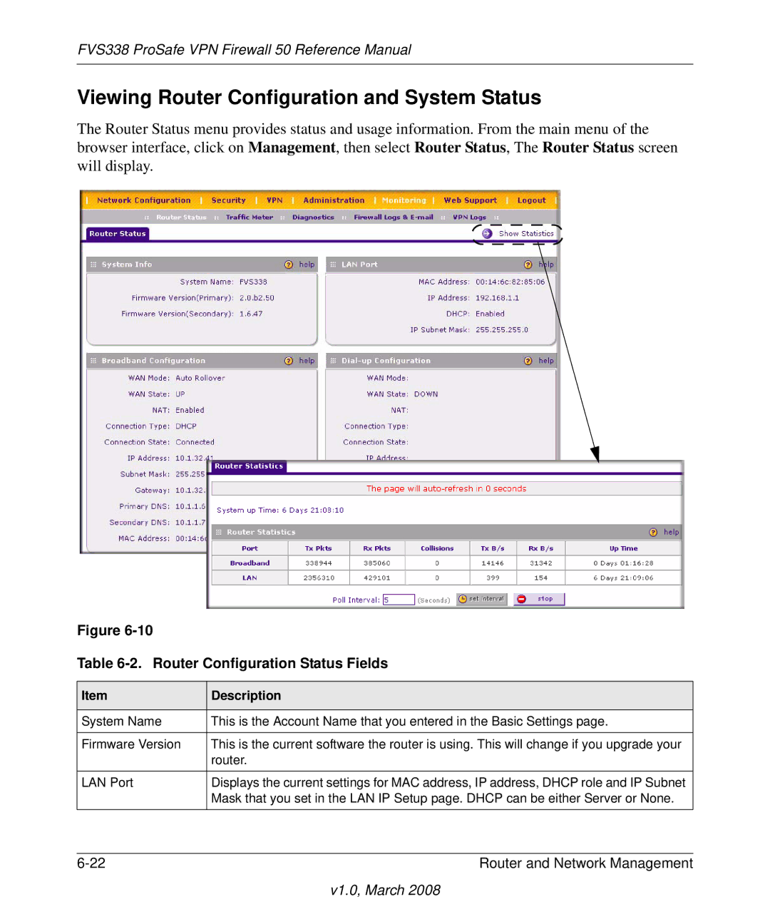 NETGEAR FVS338 manual Viewing Router Configuration and System Status, Router Configuration Status Fields 