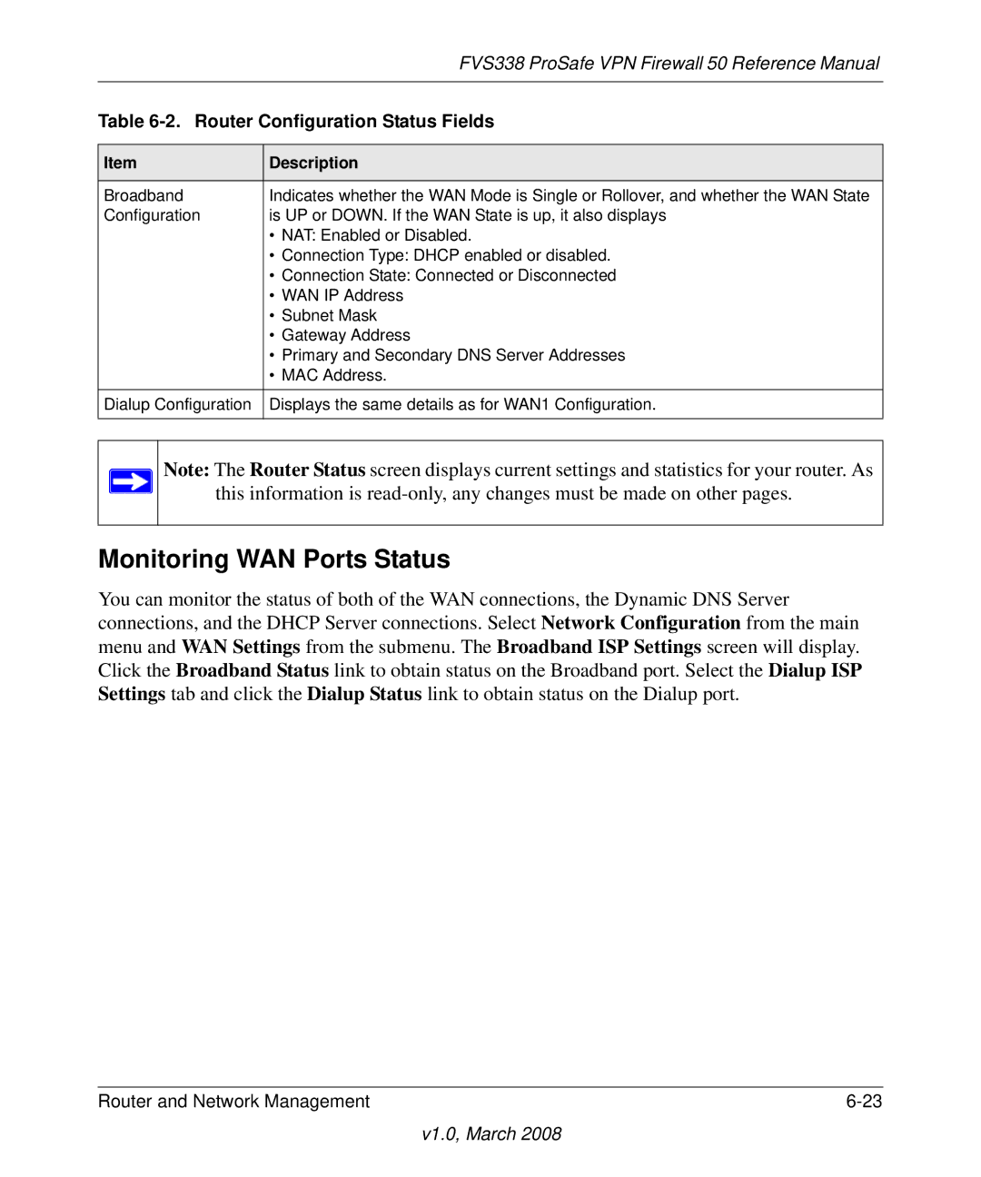 NETGEAR FVS338 manual Monitoring WAN Ports Status 