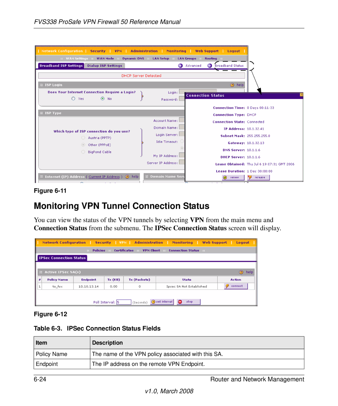 NETGEAR FVS338 manual Monitoring VPN Tunnel Connection Status, IPSec Connection Status Fields 