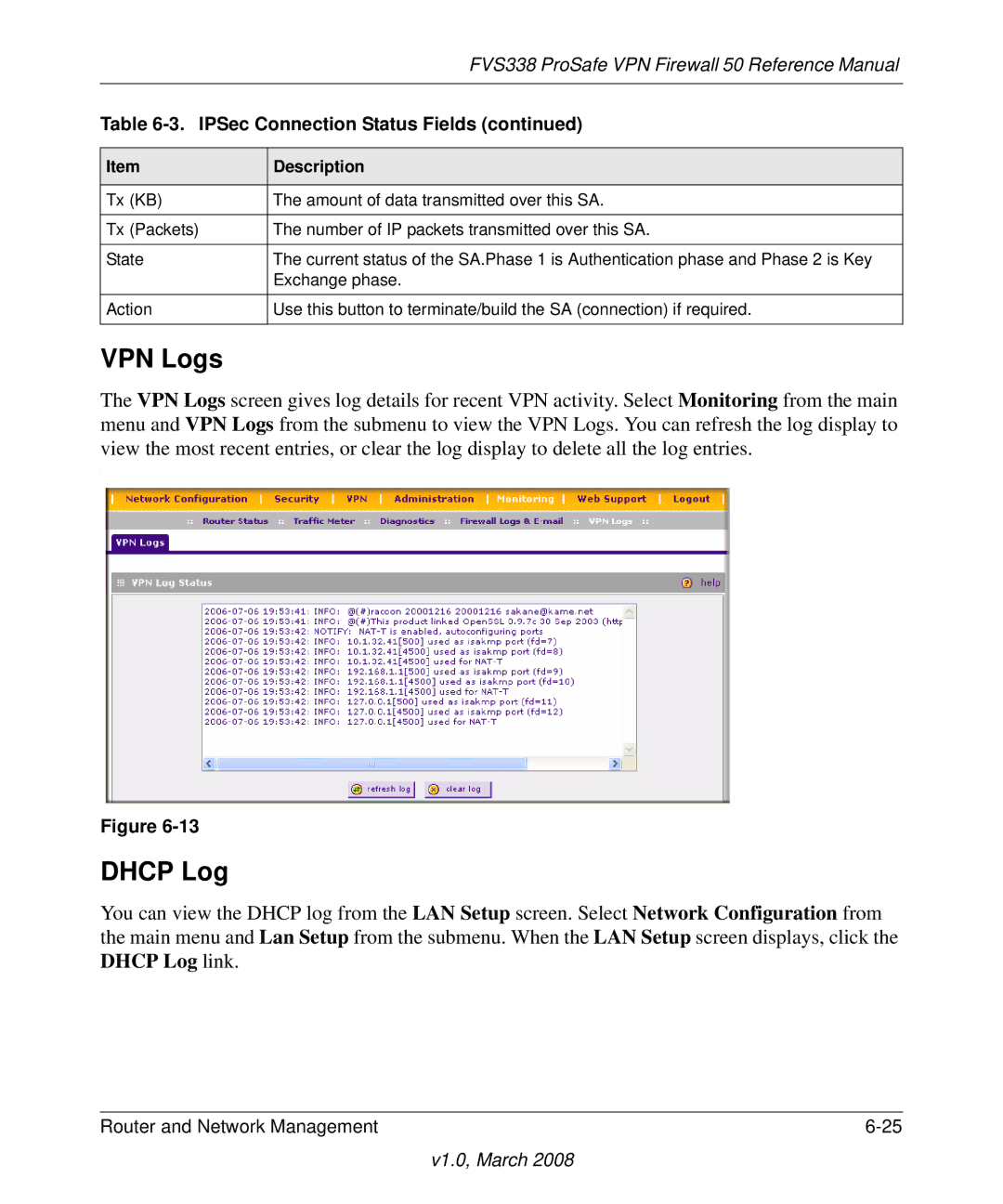 NETGEAR FVS338 manual VPN Logs, Dhcp Log 