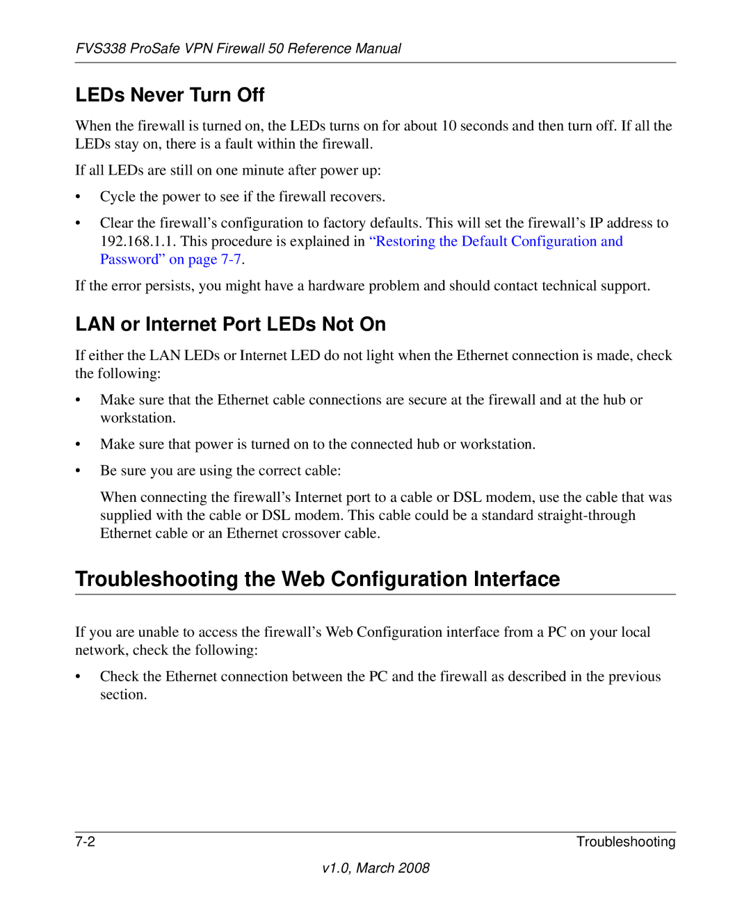 NETGEAR FVS338 Troubleshooting the Web Configuration Interface, LEDs Never Turn Off, LAN or Internet Port LEDs Not On 