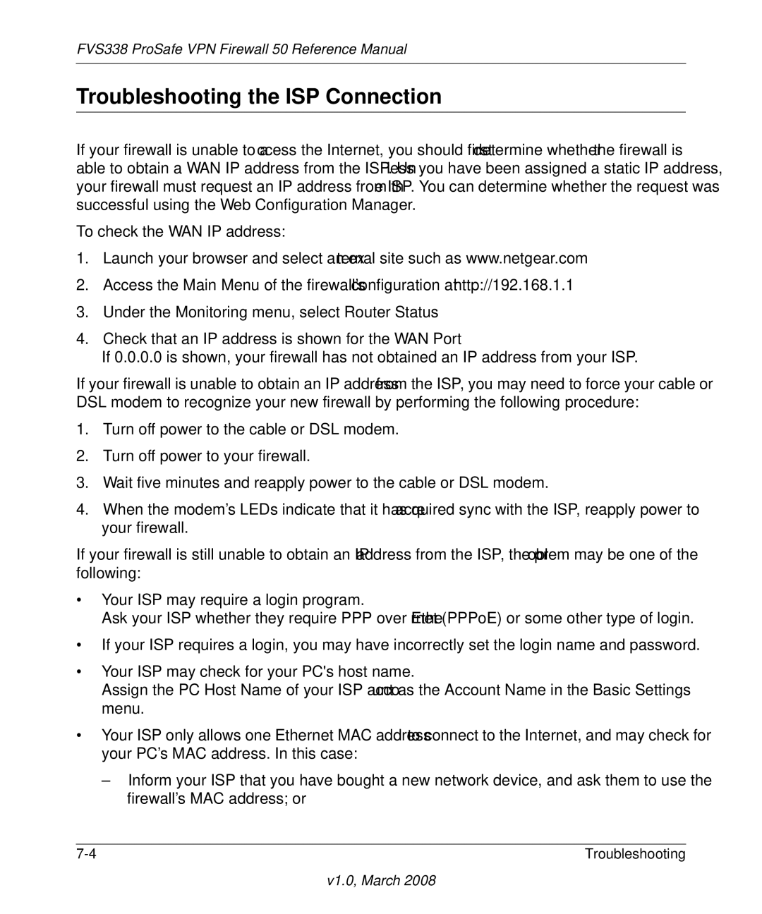 NETGEAR FVS338 manual Troubleshooting the ISP Connection 