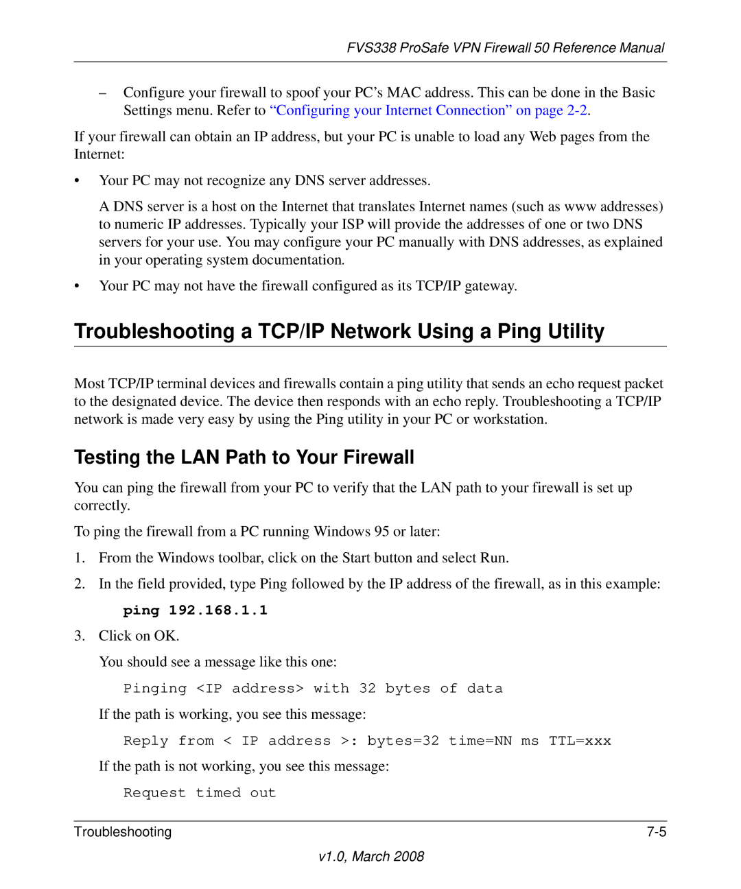 NETGEAR FVS338 manual Troubleshooting a TCP/IP Network Using a Ping Utility, Testing the LAN Path to Your Firewall 