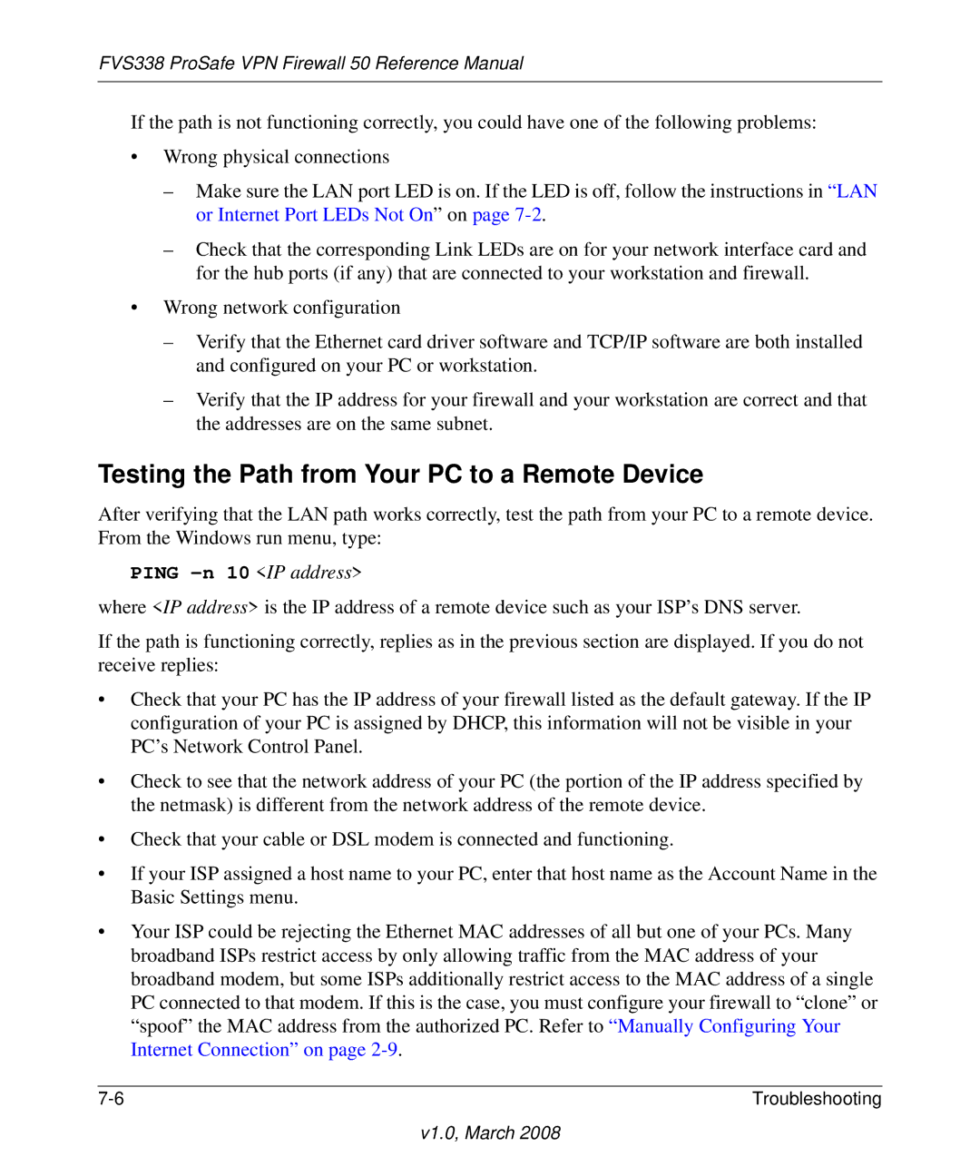 NETGEAR FVS338 manual Testing the Path from Your PC to a Remote Device, Ping -n 10 IP address 