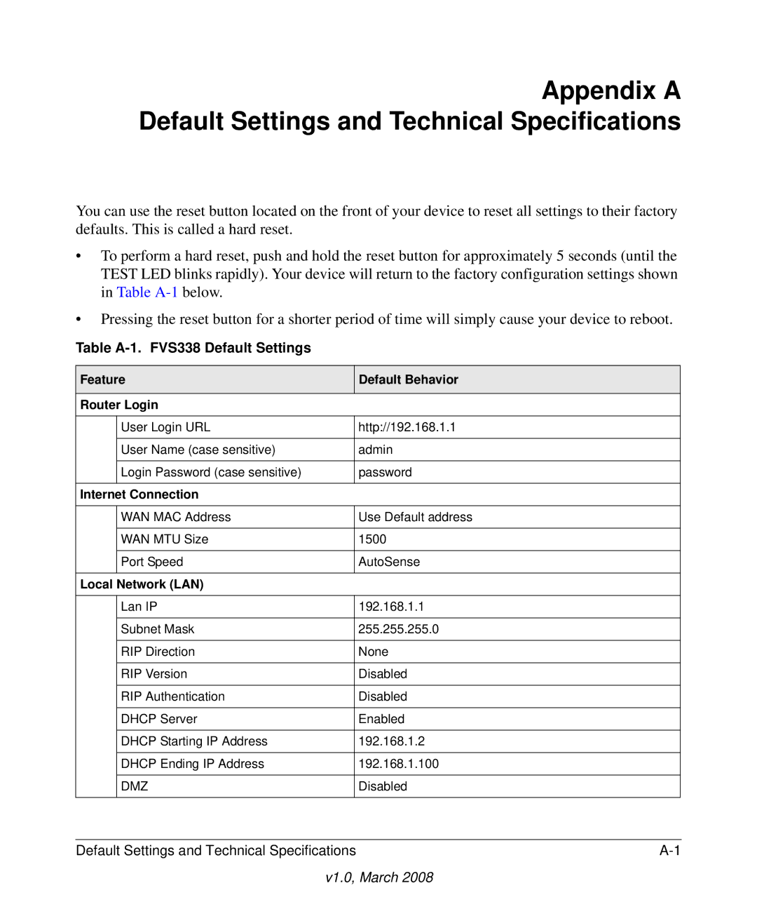 NETGEAR manual Appendix a Default Settings and Technical Specifications, Table A-1. FVS338 Default Settings 