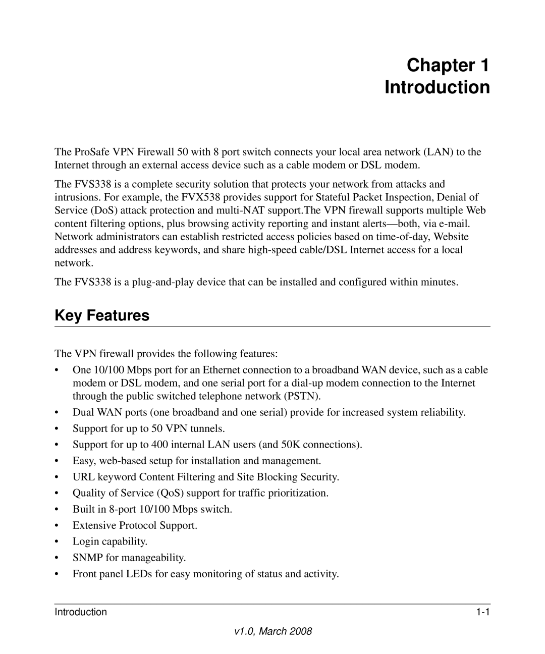 NETGEAR FVS338 manual Chapter Introduction, Key Features 