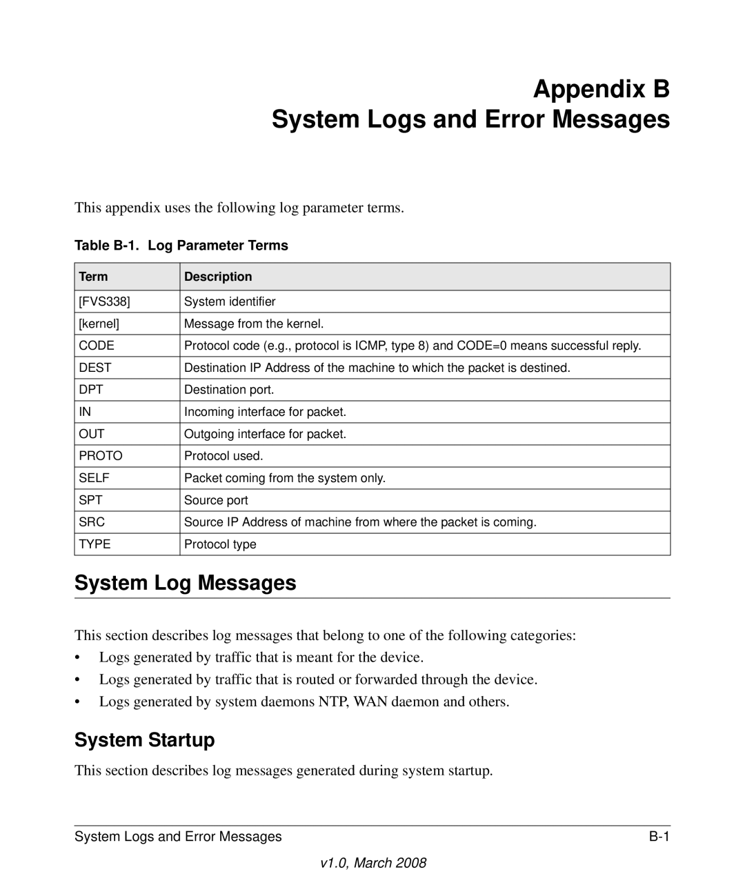 NETGEAR FVS338 manual System Log Messages, System Startup, Table B-1. Log Parameter Terms 